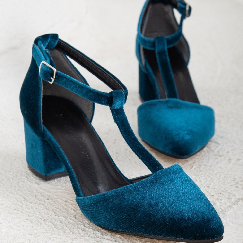 Forever & Always Elegant Teal Velvet T-Strap Women's Heels